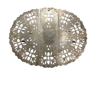 Vintage Ornate Silver Metal Foldable Trivet Or Hot Pad Floral Cutout Design